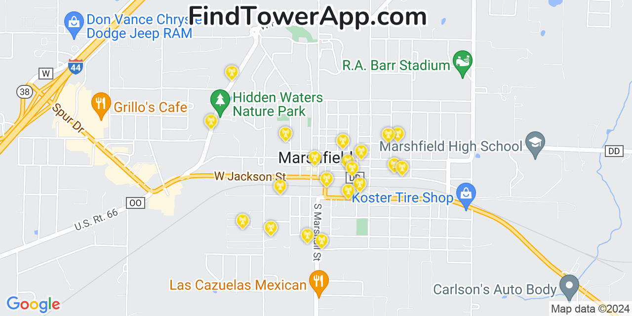 AT&T 4G/5G cell tower coverage map Marshfield, Missouri