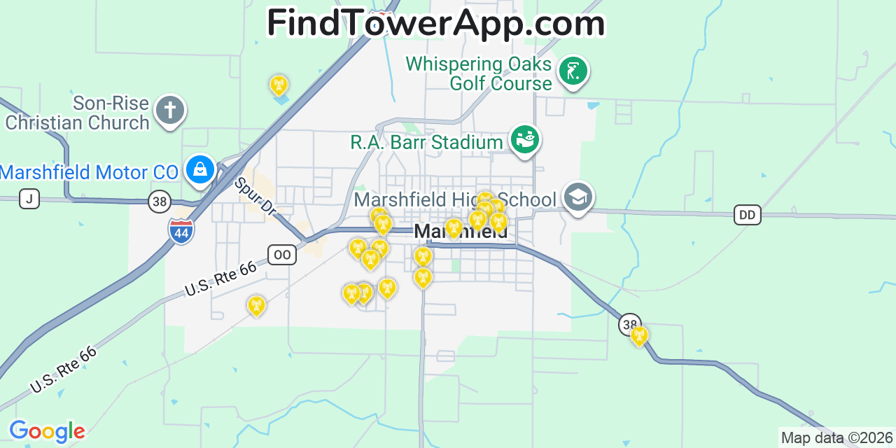 Map showing the 20 primary cell tower locations detected in Marshfield, Missouri from AT&T, Verizon, and T-Mobile networks