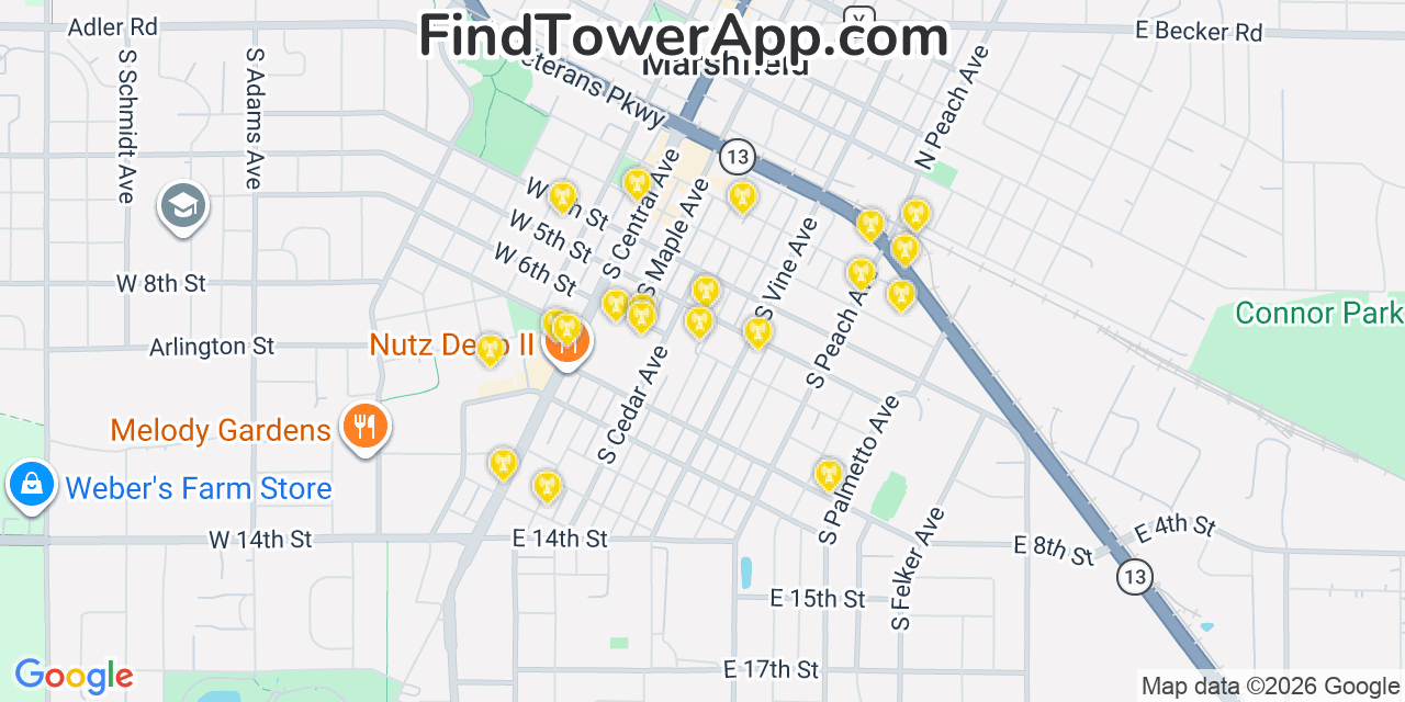 Map showing the 20 primary cell tower locations detected in Marshfield, Wisconsin from AT&T, Verizon, and T-Mobile networks