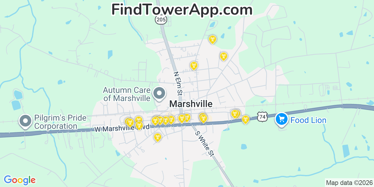 Map showing the 20 primary cell tower locations detected in Marshville, North Carolina from AT&T, Verizon, and T-Mobile networks