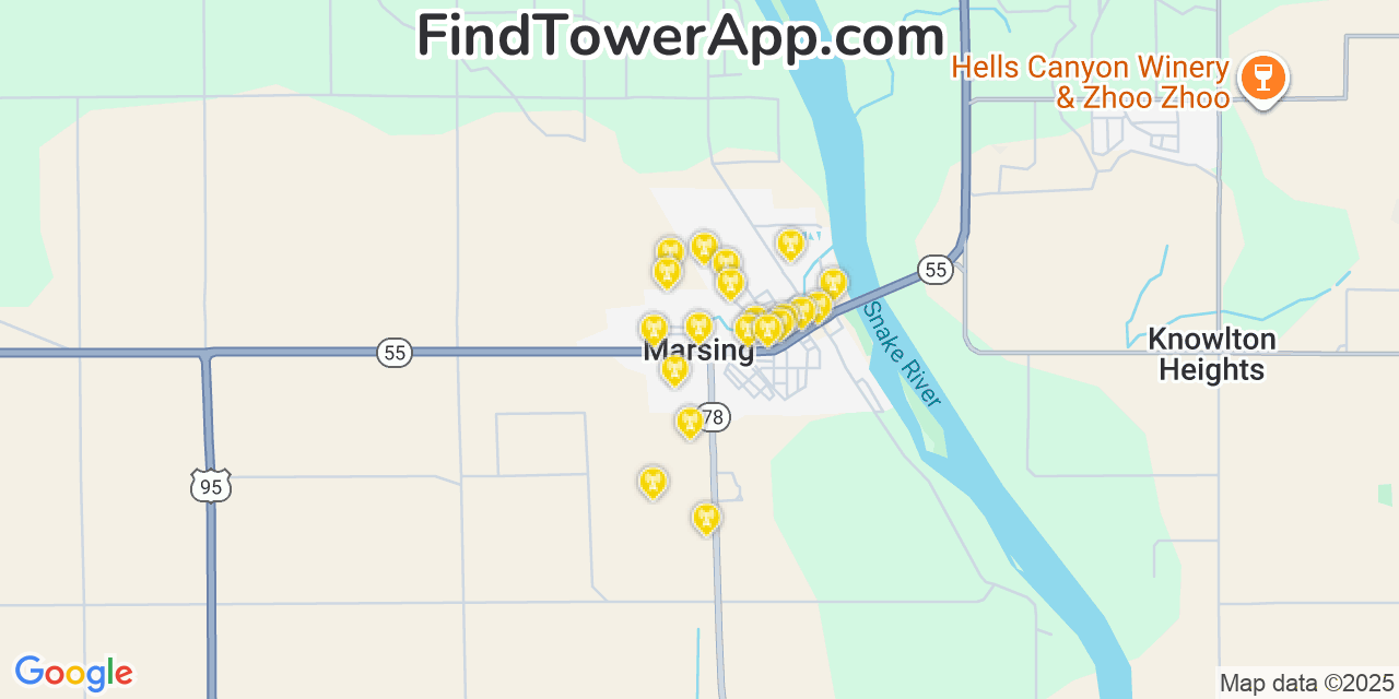 Map showing the 20 primary cell tower locations detected in Marsing, Idaho from AT&T, Verizon, and T-Mobile networks