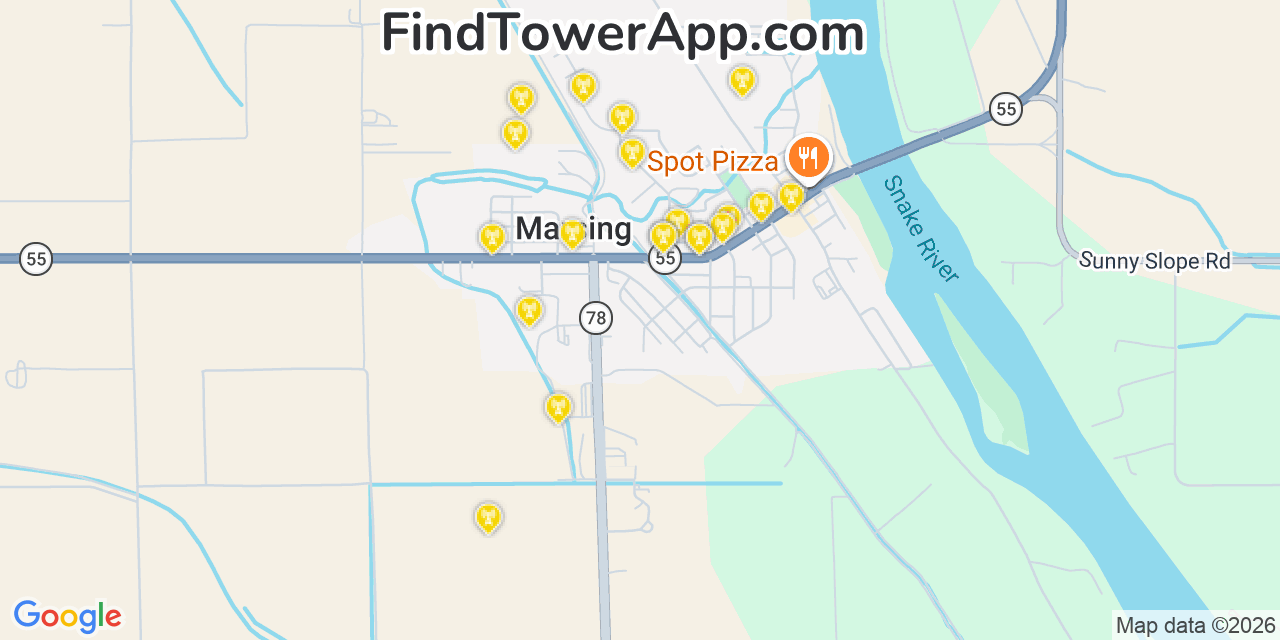 Map showing the 20 primary cell tower locations detected in Marsing, Idaho from AT&T, Verizon, and T-Mobile networks