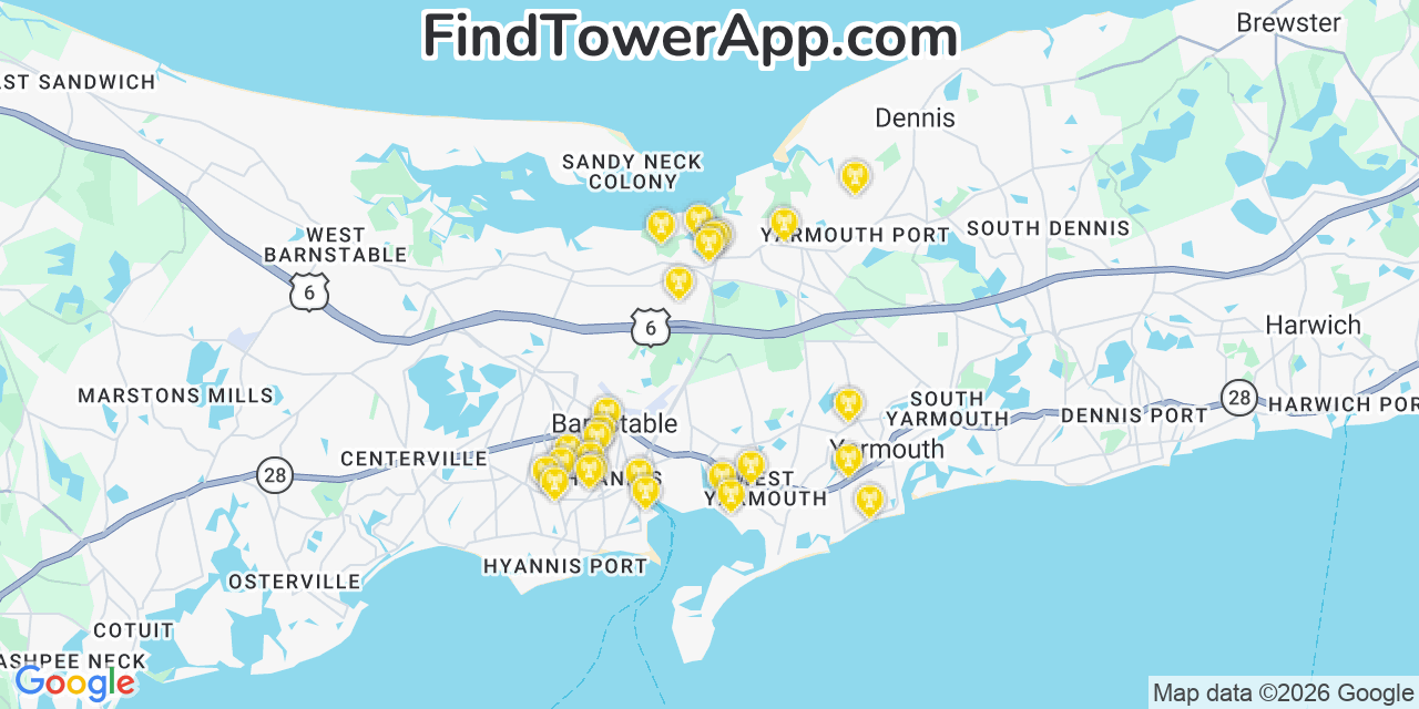 Map showing the 26 primary AT&T cell tower locations detected in Marstonmills, Massachusetts with coverage radius and signal strength indicators