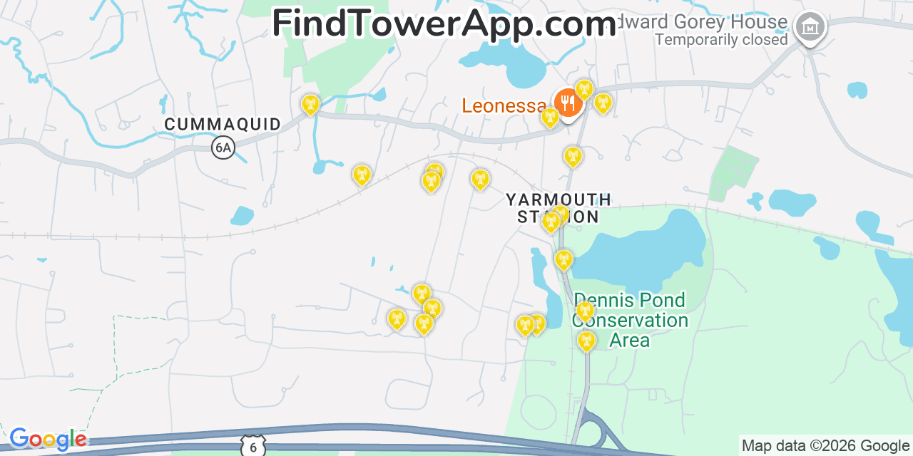 Map showing the 20 primary cell tower locations detected in Marstonmills, Massachusetts from AT&T, Verizon, and T-Mobile networks