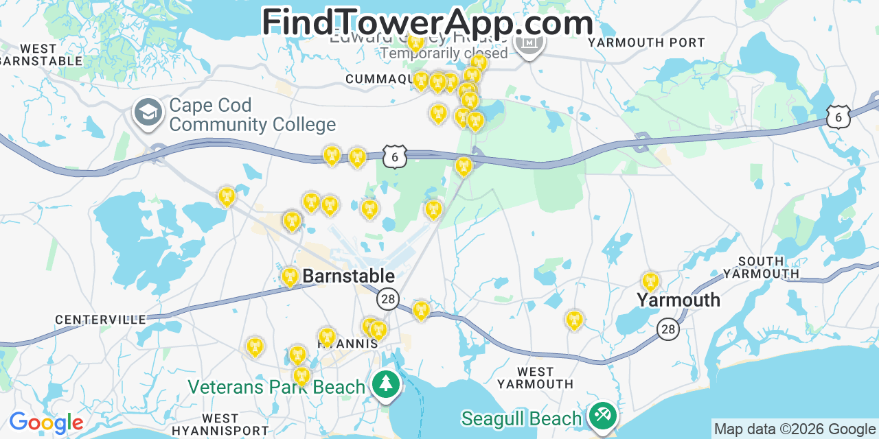 Map showing the 34 primary T-Mobile cell tower locations detected in Marstonmills, Massachusetts with coverage radius and signal strength indicators