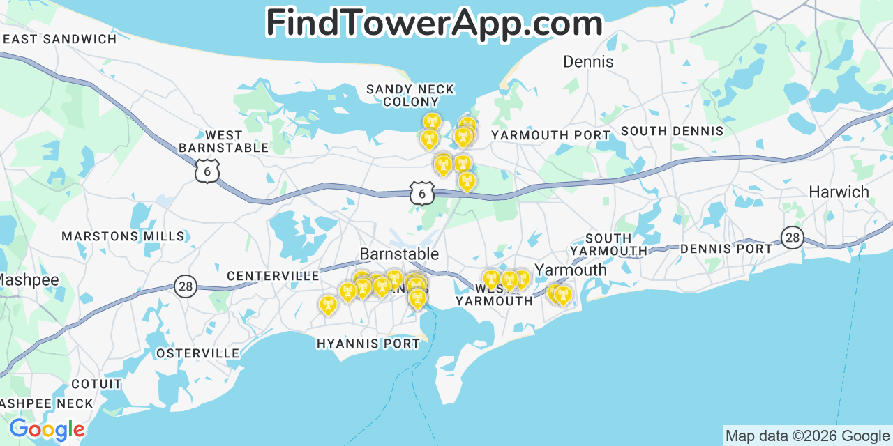 Map showing the 28 primary Verizon cell tower locations detected in Marstonmills, Massachusetts with coverage radius and signal strength indicators