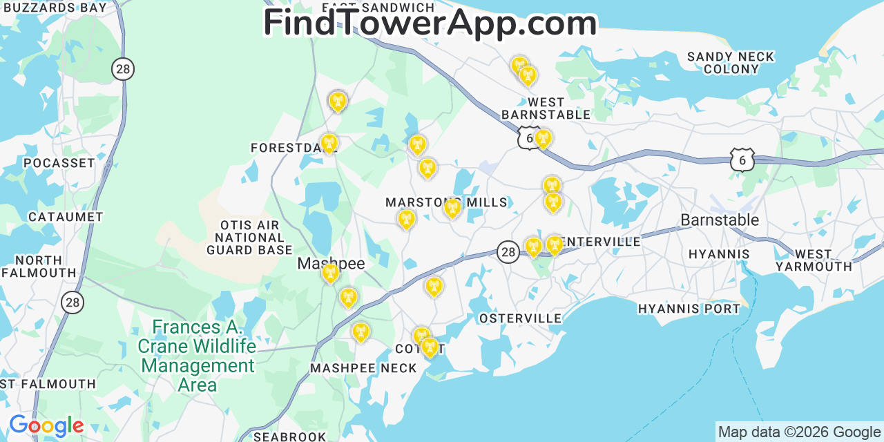 Map showing the 20 primary cell tower locations detected in Marstons Mills, Massachusetts from AT&T, Verizon, and T-Mobile networks