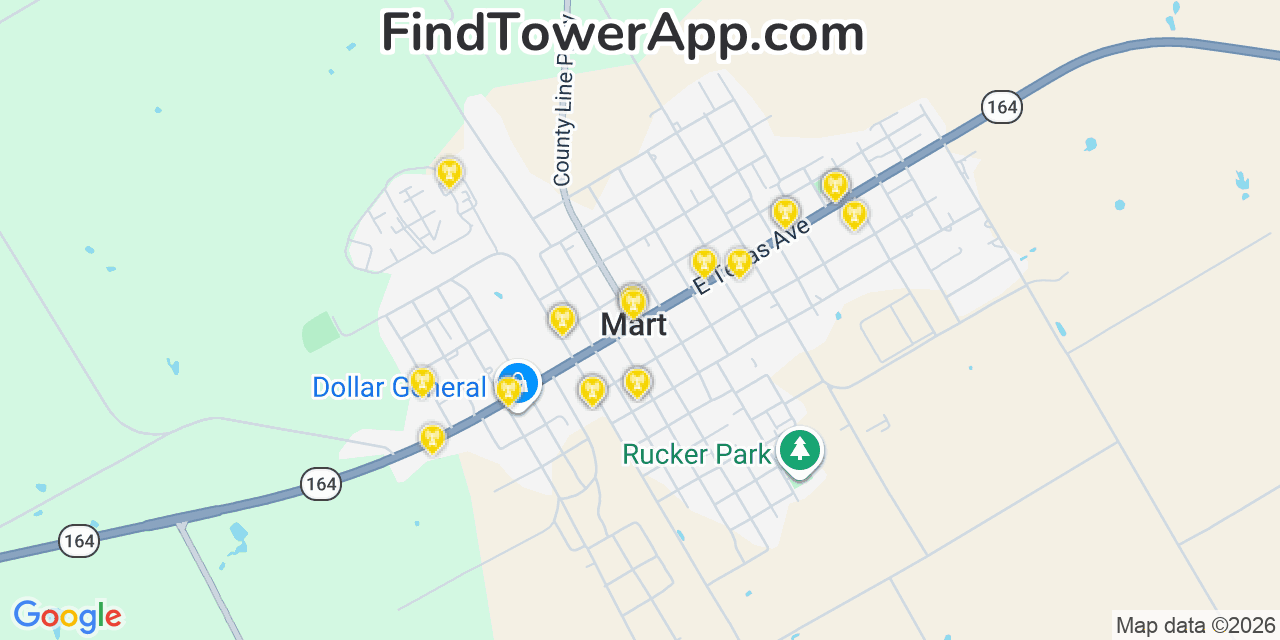 Map showing the 20 primary cell tower locations detected in Mart, Texas from AT&T, Verizon, and T-Mobile networks