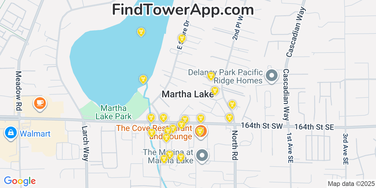 Map showing the 20 primary cell tower locations detected in Martha Lake, Washington from AT&T, Verizon, and T-Mobile networks