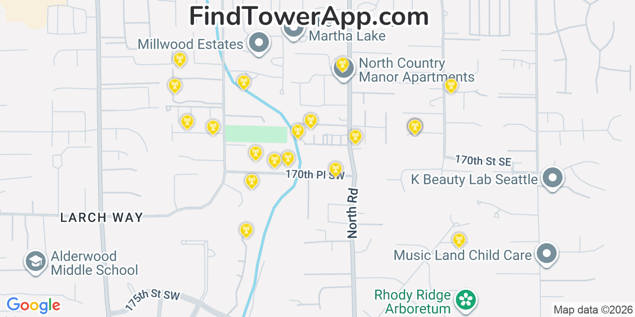 Map showing the 20 primary cell tower locations detected in Martha Lake, Washington from AT&T, Verizon, and T-Mobile networks