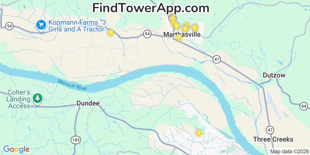 Map showing the 20 primary cell tower locations detected in Marthasville, Missouri from AT&T, Verizon, and T-Mobile networks