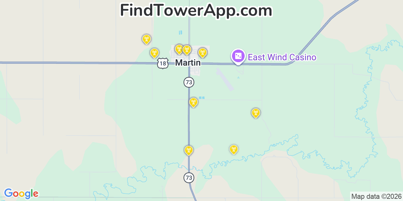 Map showing the 20 primary cell tower locations detected in Martin, South Dakota from AT&T, Verizon, and T-Mobile networks