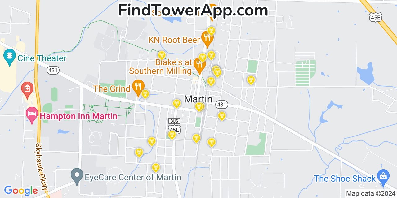 AT&T 4G/5G cell tower coverage map Martin, Tennessee