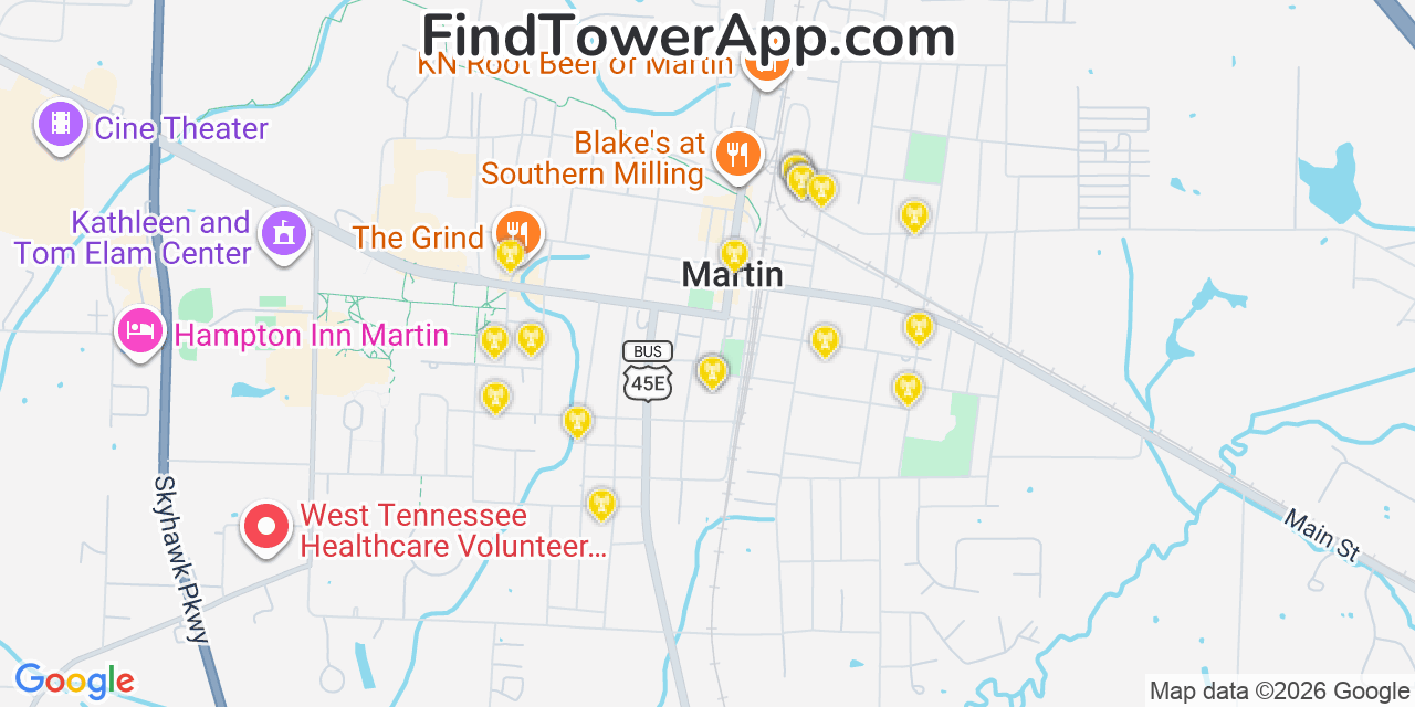 Map showing the 20 primary cell tower locations detected in Martin, Tennessee from AT&T, Verizon, and T-Mobile networks
