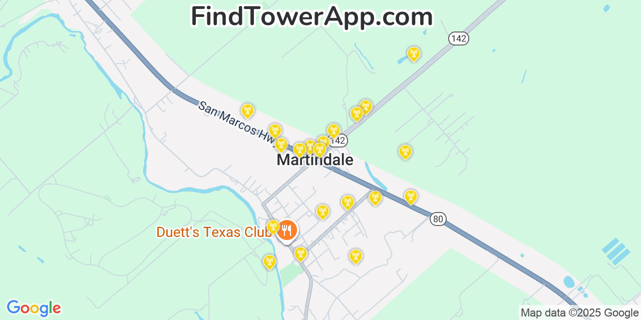 Map showing the 20 primary cell tower locations detected in Martindale, Texas from AT&T, Verizon, and T-Mobile networks