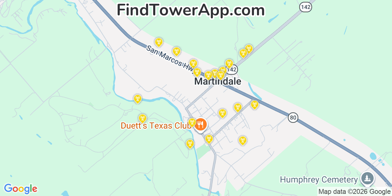 Map showing the 20 primary cell tower locations detected in Martindale, Texas from AT&T, Verizon, and T-Mobile networks