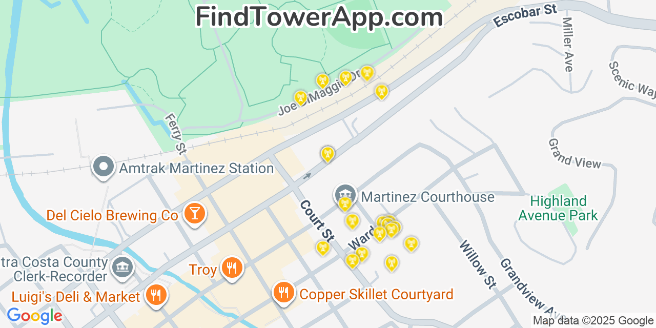 Map showing the 20 primary cell tower locations detected in Martinez, California from AT&T, Verizon, and T-Mobile networks