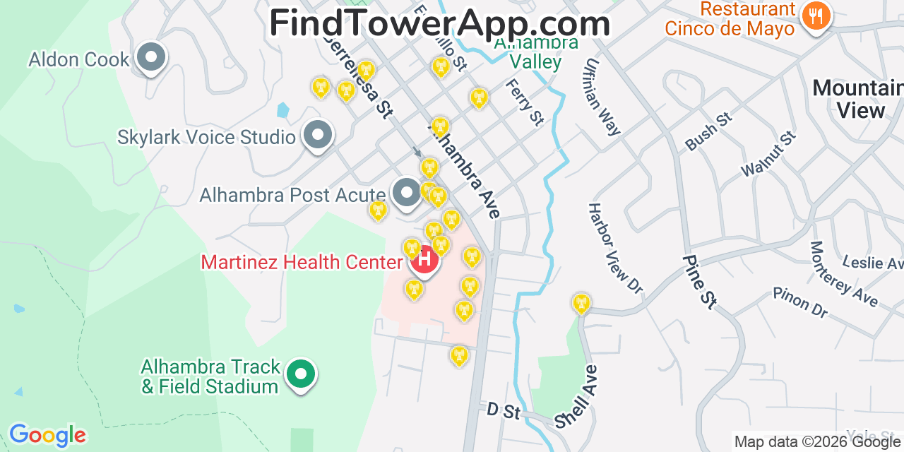 Map showing the 20 primary cell tower locations detected in Martinez, California from AT&T, Verizon, and T-Mobile networks