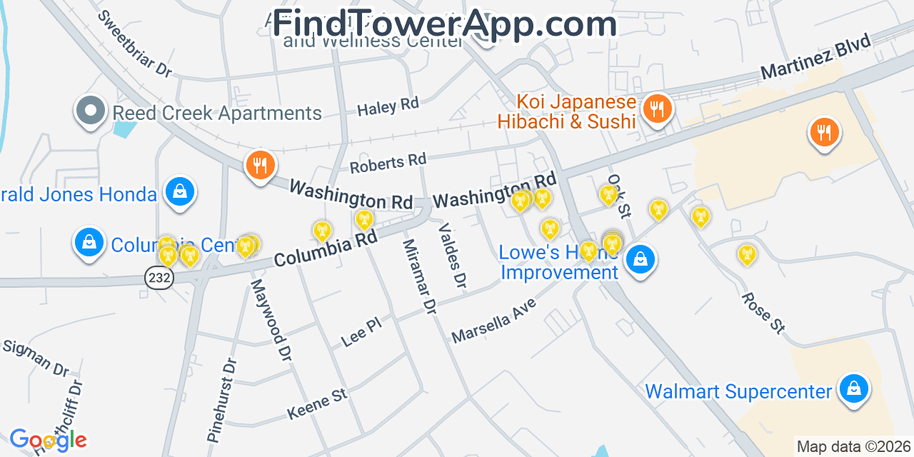 Map showing the 20 primary cell tower locations detected in Martinez, Georgia from AT&T, Verizon, and T-Mobile networks