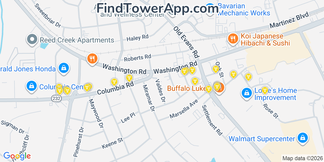 Map showing the 20 primary Mobitel cell tower locations detected in Martinez, Georgia with coverage radius and signal strength indicators