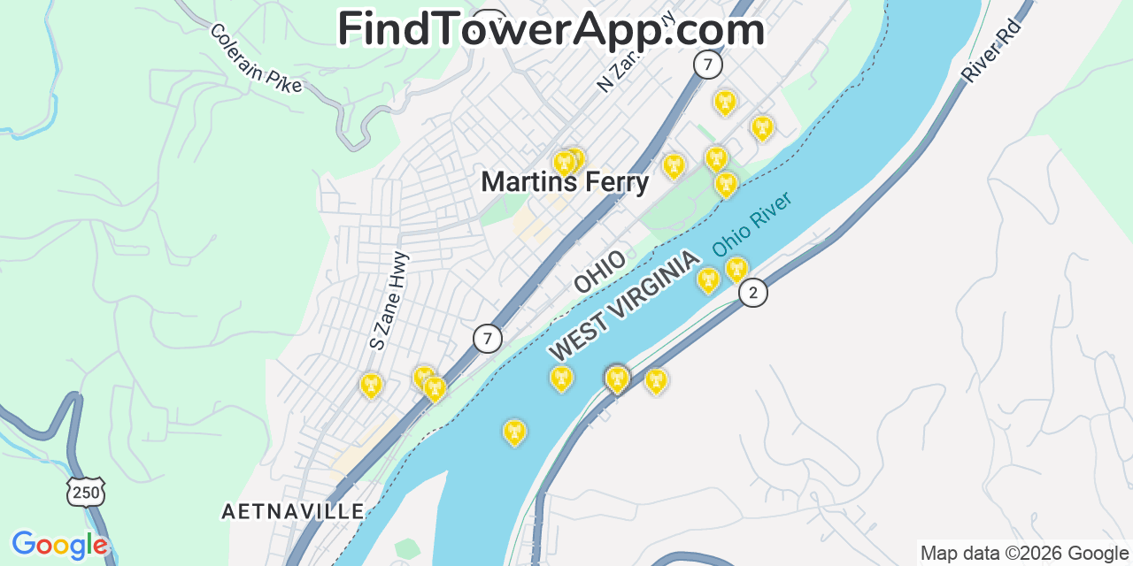 Map showing the 20 primary cell tower locations detected in Martins Ferry, Ohio from AT&T, Verizon, and T-Mobile networks