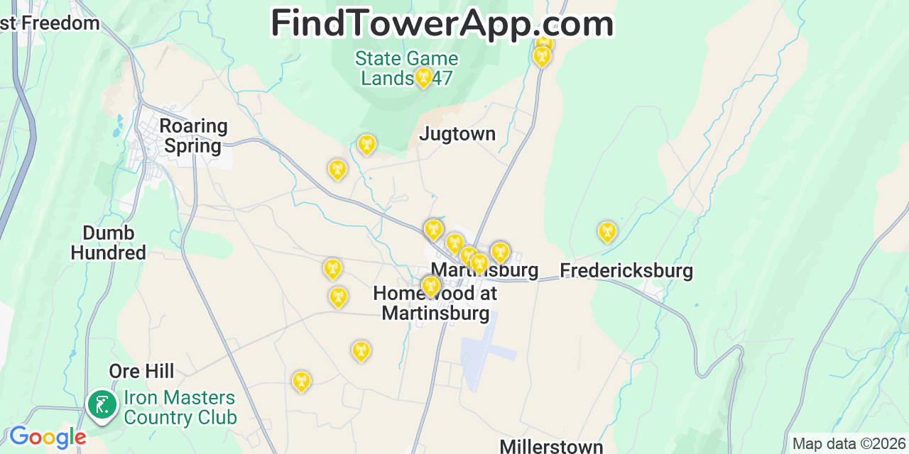 Map showing the 20 primary cell tower locations detected in Martinsburg, Pennsylvania from AT&T, Verizon, and T-Mobile networks