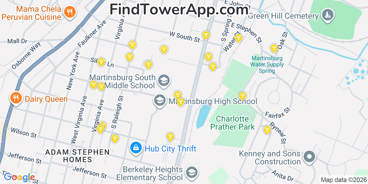 Map showing the 20 primary cell tower locations detected in Martinsburg, West Virginia from AT&T, Verizon, and T-Mobile networks