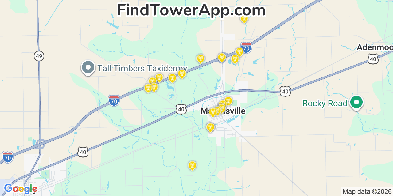Map showing the 20 primary cell tower locations detected in Martinsville, Illinois from AT&T, Verizon, and T-Mobile networks