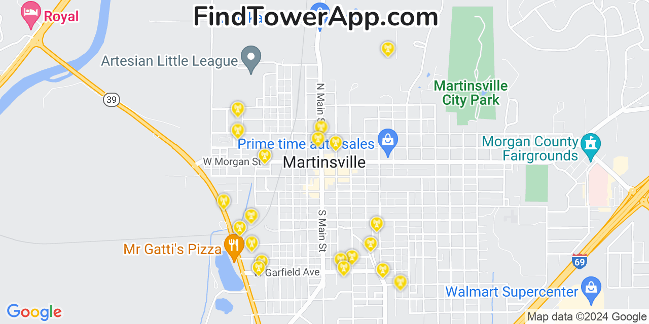 AT&T 4G/5G cell tower coverage map Martinsville, Indiana