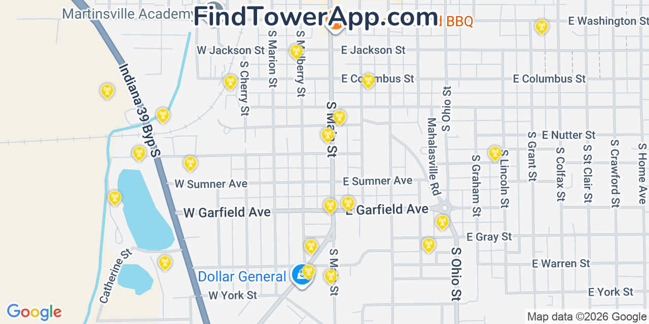 Map showing the 20 primary cell tower locations detected in Martinsville, Indiana from AT&T, Verizon, and T-Mobile networks