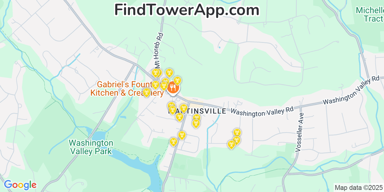 Map showing the 20 primary cell tower locations detected in Martinsville, New Jersey from AT&T, Verizon, and T-Mobile networks