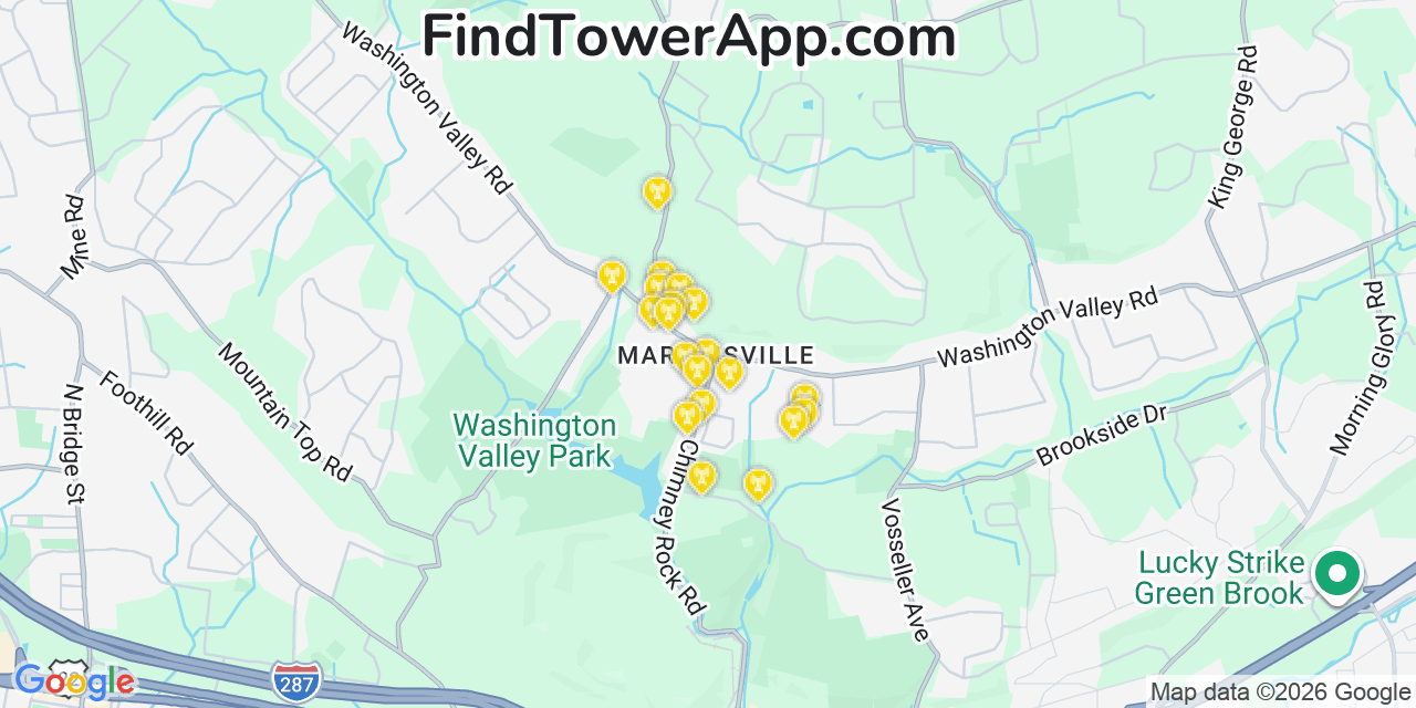 Map showing the 20 primary cell tower locations detected in Martinsville, New Jersey from AT&T, Verizon, and T-Mobile networks