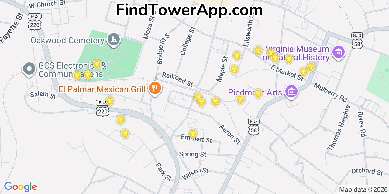 Map showing the 20 primary cell tower locations detected in Martinsville, Virginia from AT&T, Verizon, and T-Mobile networks