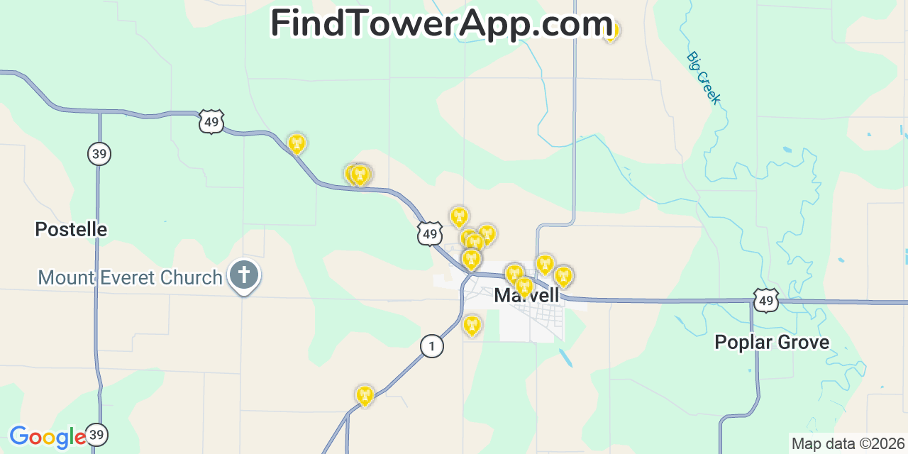 Map showing the 20 primary cell tower locations detected in Marvell, Arkansas from AT&T, Verizon, and T-Mobile networks