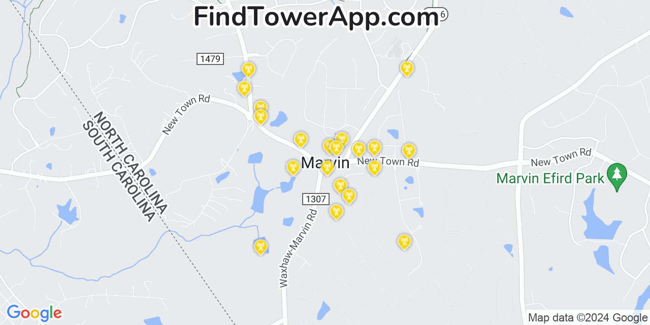 AT&T 4G/5G cell tower coverage map Marvin, North Carolina