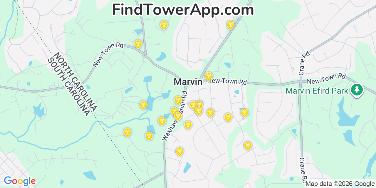 Map showing the 20 primary cell tower locations detected in Marvin, North Carolina from AT&T, Verizon, and T-Mobile networks