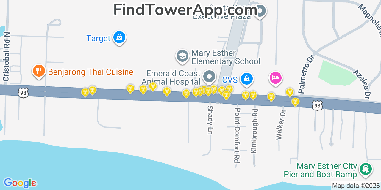 Map showing the 20 primary cell tower locations detected in Mary Esther, Florida from AT&T, Verizon, and T-Mobile networks