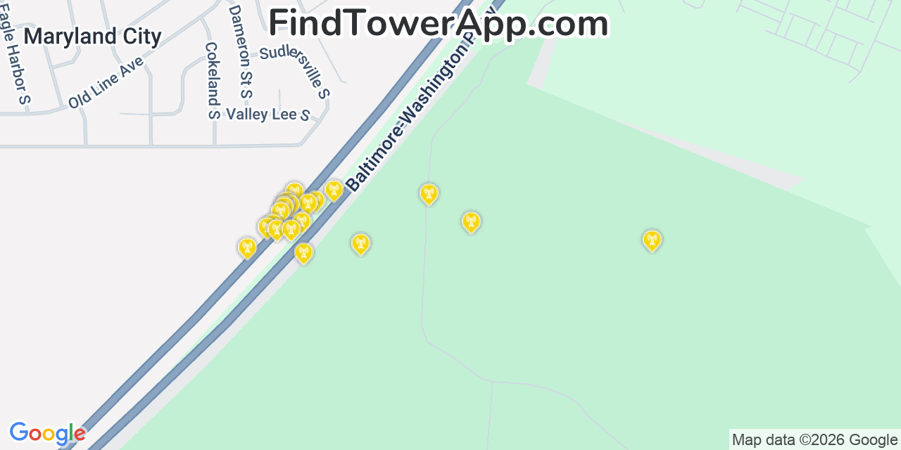 Map showing the 20 primary cell tower locations detected in Maryland City, Maryland from AT&T, Verizon, and T-Mobile networks
