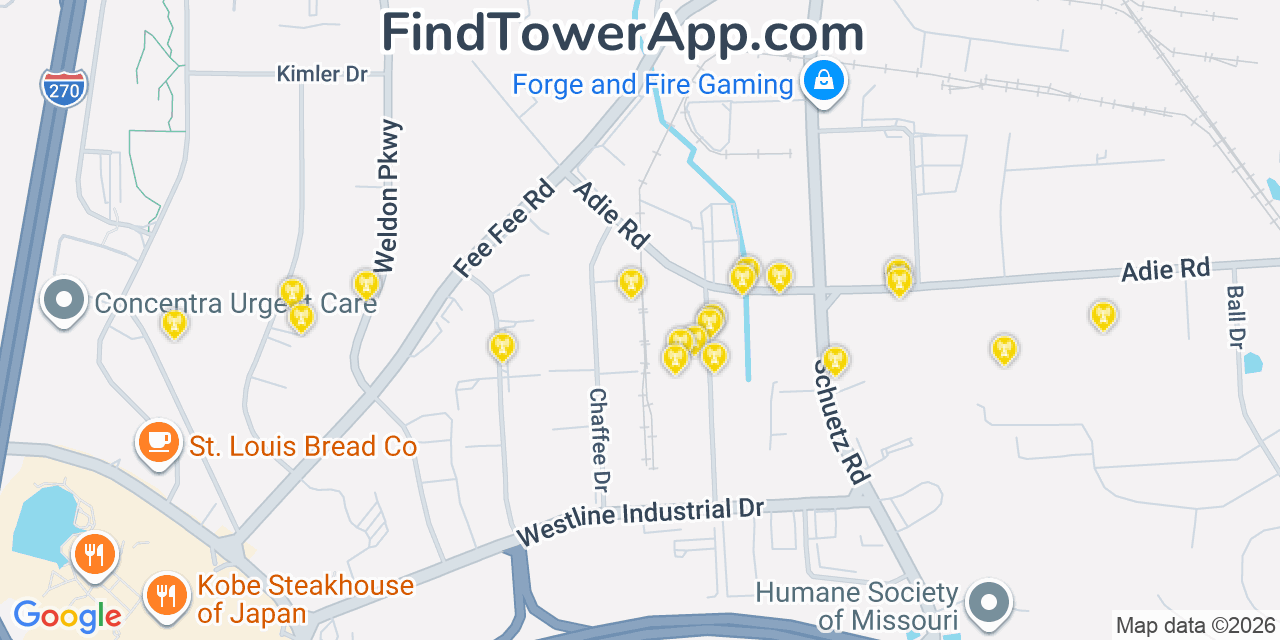 Map showing the 20 primary cell tower locations detected in Maryland Heights, Missouri from AT&T, Verizon, and T-Mobile networks