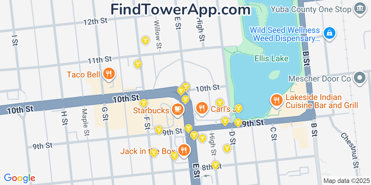 Map showing the 20 primary cell tower locations detected in Marysville, California from AT&T, Verizon, and T-Mobile networks