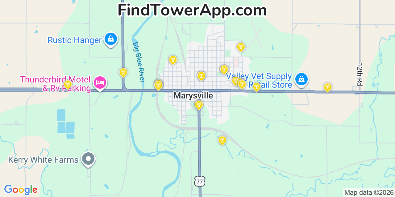Map showing the 20 primary cell tower locations detected in Marysville, Kansas from AT&T, Verizon, and T-Mobile networks