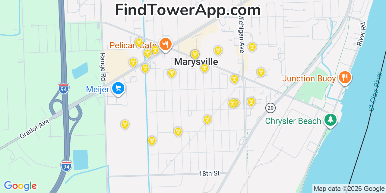 Map showing the 20 primary cell tower locations detected in Marysville, Michigan from AT&T, Verizon, and T-Mobile networks