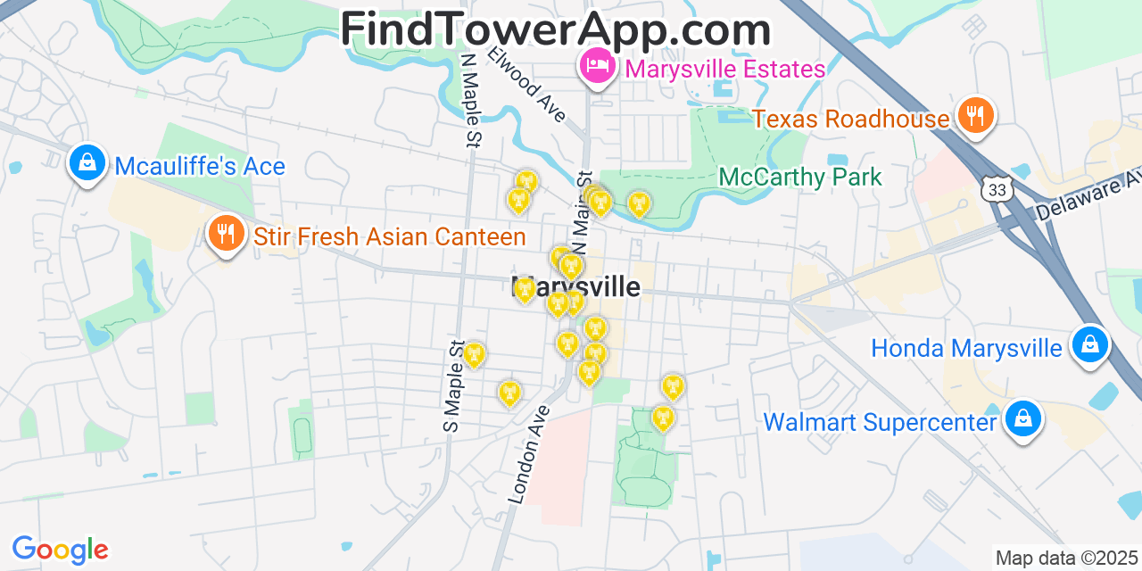Map showing the 20 primary cell tower locations detected in Marysville, Ohio from AT&T, Verizon, and T-Mobile networks