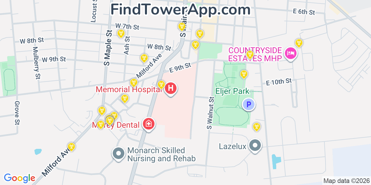 Map showing the 20 primary cell tower locations detected in Marysville, Ohio from AT&T, Verizon, and T-Mobile networks