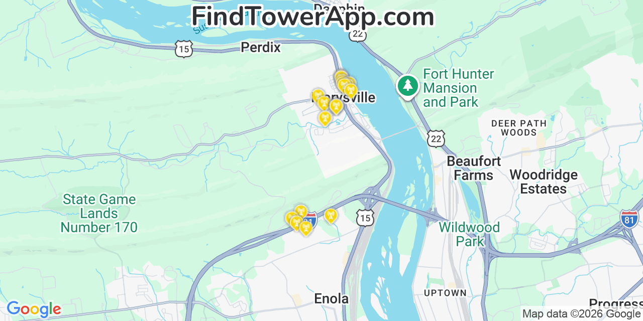 Map showing the 20 primary cell tower locations detected in Marysville, Pennsylvania from AT&T, Verizon, and T-Mobile networks