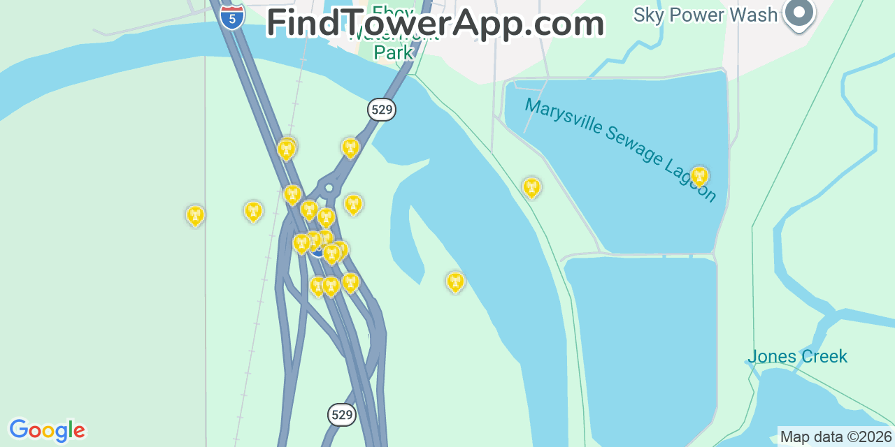 Map showing the 20 primary cell tower locations detected in Marysville, Washington from AT&T, Verizon, and T-Mobile networks