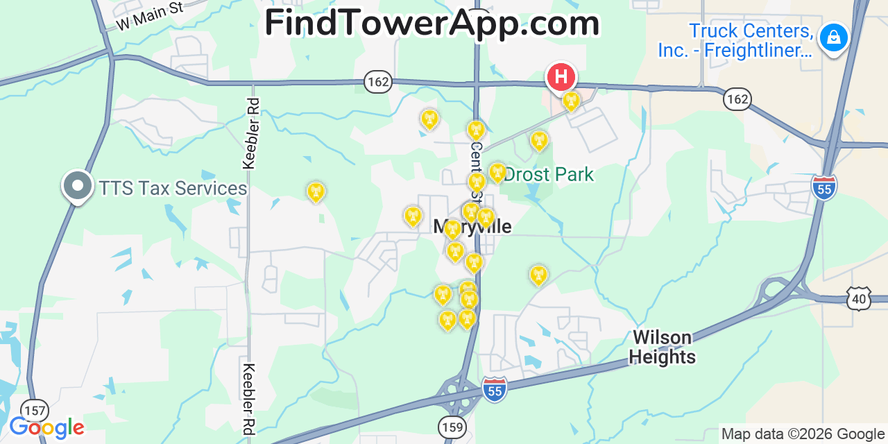 Map showing the 20 primary cell tower locations detected in Maryville, Illinois from AT&T, Verizon, and T-Mobile networks