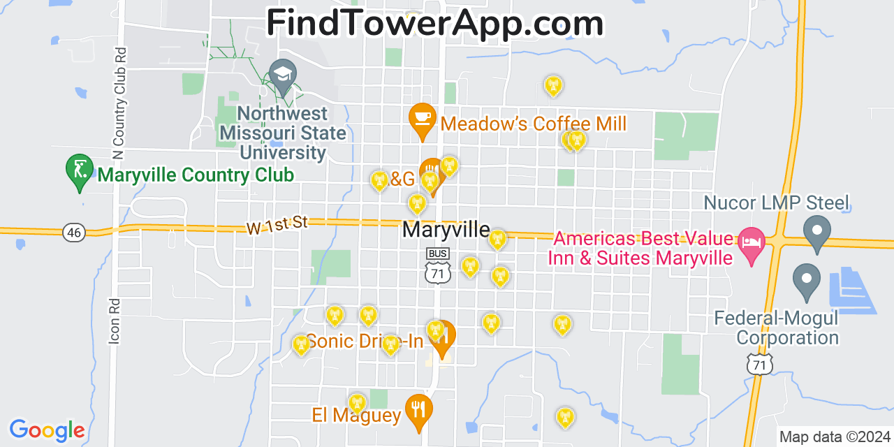 AT&T 4G/5G cell tower coverage map Maryville, Missouri