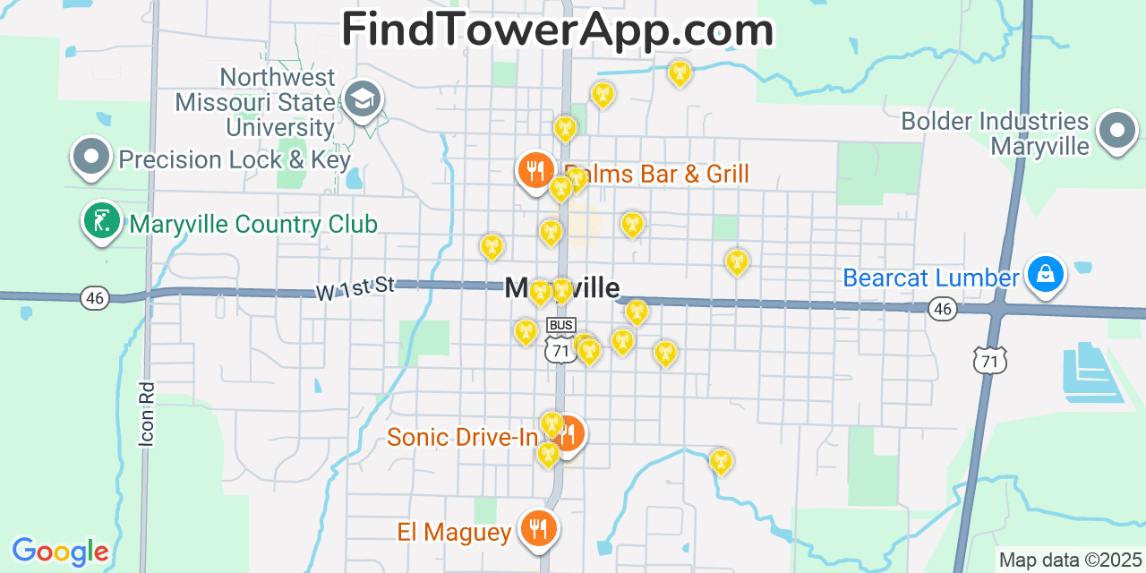 Map showing the 20 primary cell tower locations detected in Maryville, Missouri from AT&T, Verizon, and T-Mobile networks