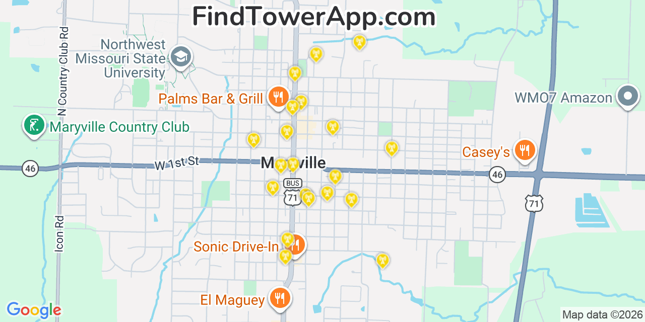 Map showing the 20 primary cell tower locations detected in Maryville, Missouri from AT&T, Verizon, and T-Mobile networks